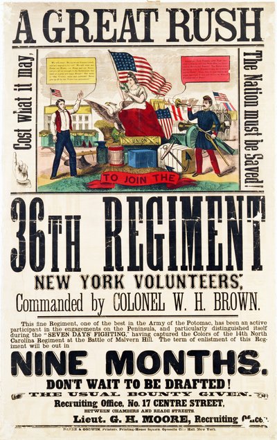 A Great Rush, rekrutteringsplakat for 36. Regiment, udgivet af Baker & Goodwin af American School
