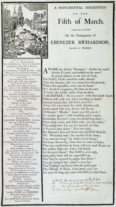 En monumental inskription den femte marts, 1772 (tryk) af American School