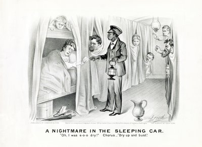 Et mareridt i sovevognen: Åh, jeg var s-o-o tør! Omkvæd: Dry up and bust., udgivet ca. 1875 (litho) af American School