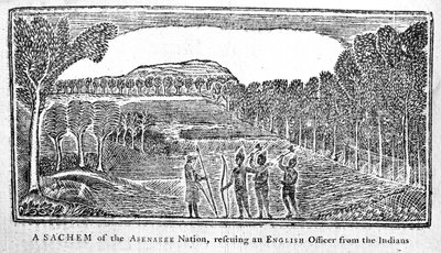 En Sachem fra Abenakee Nation, der redder en engelsk officer, illustration fra Bickerstaffs Boston Almanack, udgivet 1768 af American School