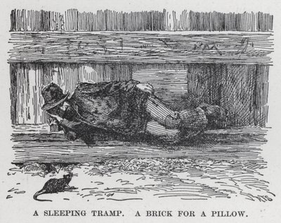 En sovende vagabond, en mursten til en pude (litho) af American School