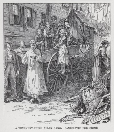En Tenement-House Alley Band, kandidater til kriminalitet (litho) af American School