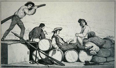En fladbåd med last på Mississippi-floden, ca. 1840 (gravering) af American School