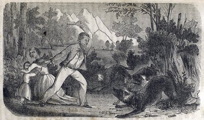 En mand, der står foran en kvinde og et barn, der kæmper mod hunde af American School