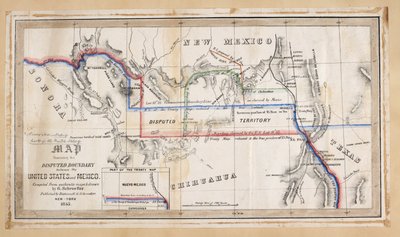 Et kort, der illustrerer den omstridte grænse mellem USA og Mexico af American School
