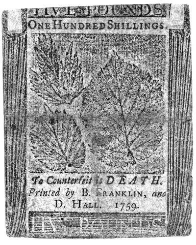 En hundrede shilling seddel trykt af B. Franklin og D. Hall, 1759 (tryk) af American School
