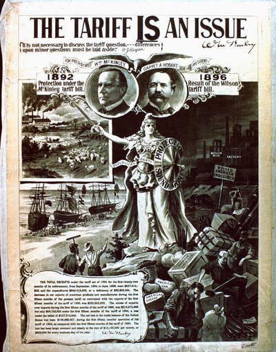 En politisk plakat, der advokerer McKinleys skattelov over Wilsons af American School