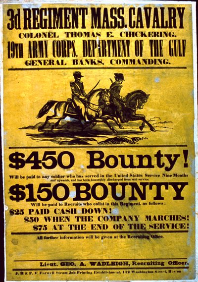 En rekrutteringsplakat for 3rd Regiment, Massachusetts Cavalry, 1863-65 af American School