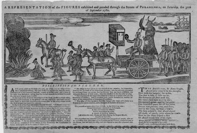 En repræsentation af figurerne udstillet og paraderet gennem gaderne i Philadelphia lørdag den 30. september 1780 af American School