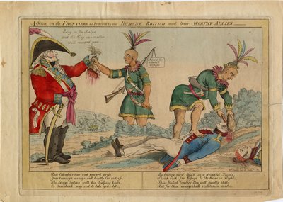 En scene ved grænserne som praktiseret af de humane briter og deres værdige allierede, ca. 1813 (håndfarvet radering) af American School