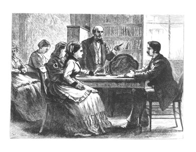 En kvinde forhandler med en fabriksleder, assisteret af en rådgiver fra Susan B. Anthonys nye Working Womens Protective Association, 1860