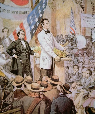Abraham Lincoln (1809-65) i offentlig debat med Stephen A. Douglas (1813-61) i Illinois af American School