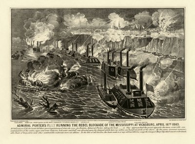 Admiral Porters flåde, der kører oprørsblokaden af Mississippi i Vicksburg, 16. april 1863, pub. 1863 (gravering) af American School