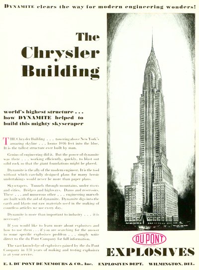 Annonce med The Chrysler Building, fra DuPont Magazine, maj 1930 af American School