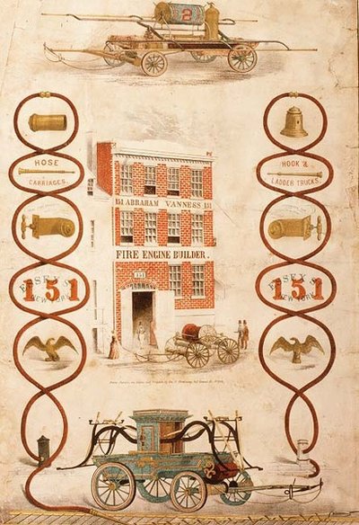 Annonce for Abraham Vanness, brandbilbygger og producent af brandslukningsudstyr, pub. af Geo. G. Gratacap, New York, ca. 1850 (litho) af American School