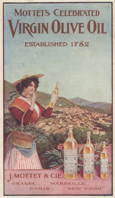 Annonce for Motetter Celebrated Virgin Olive Oil, ca. 1900 af American School