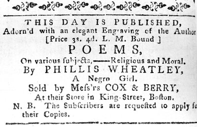 Annonce for Phillis Wheatleys første bog, fra Boston Gazette, 7. februar, 1774 (avispapir) af American School