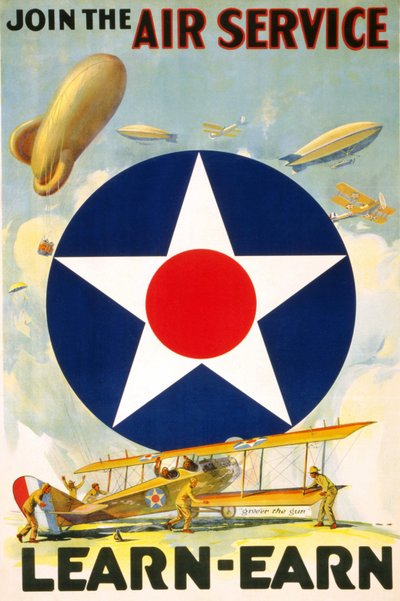 Amerikansk plakat "Join the Air Service Learn - earn."" redigeret mellem 1917 og 1920. af American School