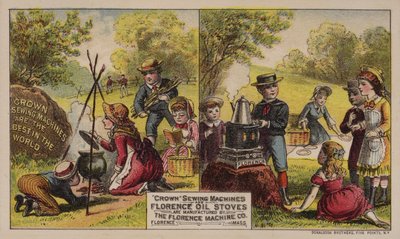 Amerikanske handelskort-reklamesymaskiner og olieovne fremstillet af Florence Machine Company, Massachusetts, c1880