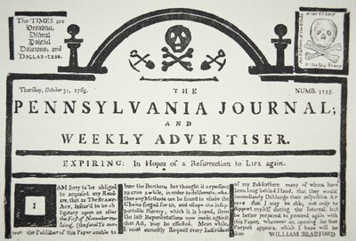 Et amerikansk svar på den britisk pålagte Stamp Act, pub. i The Pennsylvania Journal and Weekly Advertiser den 31. oktober 1765 (avispapir) af American School