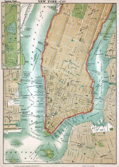 Antik kort over Lower Manhattan og Central Park af American School
