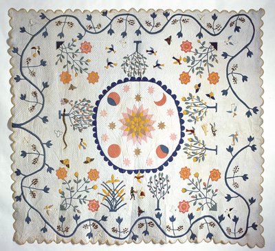 Applikationsdyne med sol, måne, stjerner og Edens have, fra Arkansas, ca. 1850-80 (bomuld) af American School