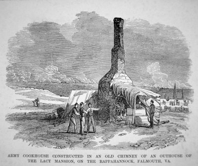 Hærens kogehus bygget i en gammel skorsten i et udhus til Lacy-palæet på Rappahannock, Falmouth, Virginia (gravering) af American School