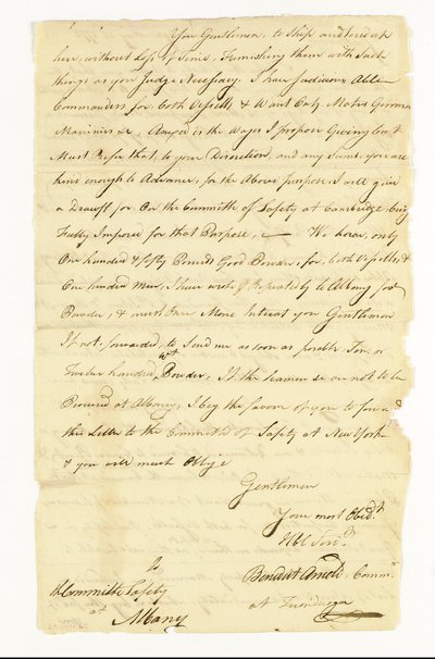 Arnold Benedict (1741-1801) General, Kontinentalhær, Forræder. Autografbrev underskrevet ("Benedict Arnold Commr. at Ticonderoga") til sikkerhedskomitéen i Albany, Ticonderoga, 22. maj 1775 (pen og blæk på papir) af American School