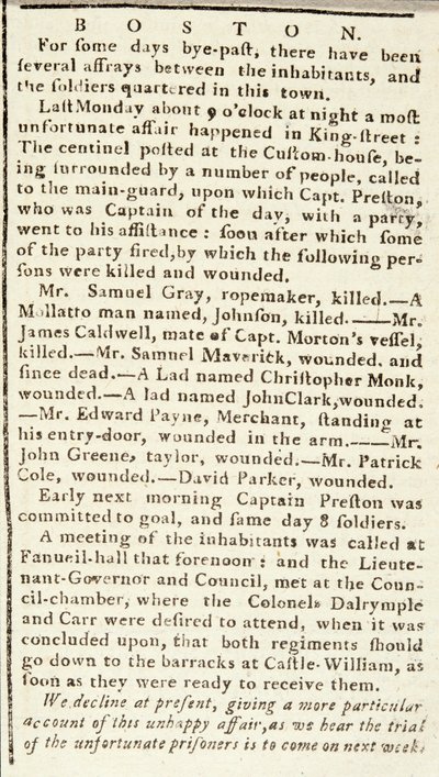 Artikel fra Boston Chronicle, der beskriver begivenhederne under Boston-massakren, 5. marts, 1770 (avispapir) af American School