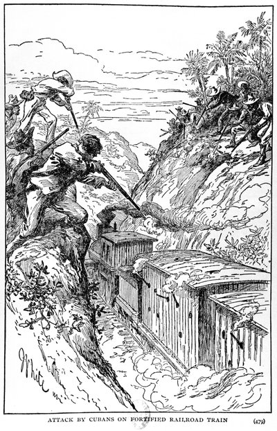 Angreb fra cubanere på befæstet jernbanetog, illustration fra The Story of Cuba af Murat Halstead, udgivet 1898 af American School