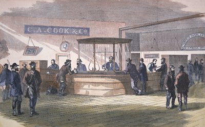 Bank i San Francisco, ca. 1860 (farvet gravering) af American School