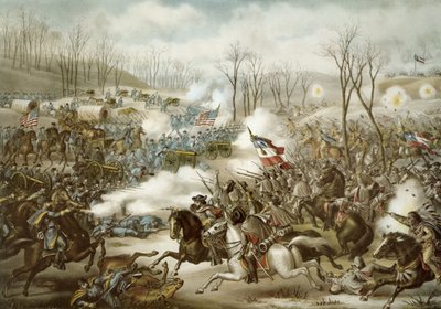 Battle of Pea Ridge, Arkansas, 6.-8. marts, indgraveret af Kurz & Allison (farve litho) af American School