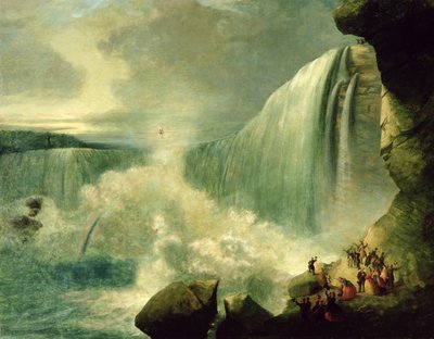 Blondin krydser Niagara-vandfaldet på stram reb, ca. 1859-60 af American School