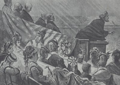 Brigham Young overvåget af sine mange unge hustruer, mens han prædiker i det store Mormon Tabernacle i Utah af American School