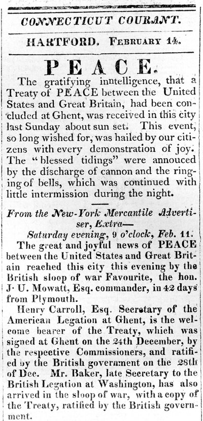 Bredside annoncerer fred mellem USA og Storbritannien efter krigen i 1812, trykt i Connecticut Courant, 1815 (tryk) af American School