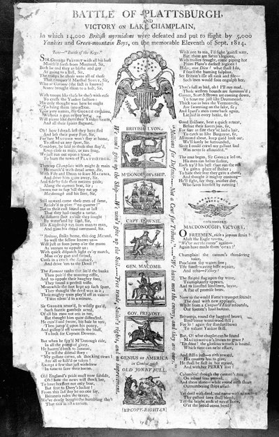 Broadside fra krigen i 1812, med Battle of Plattsburgh og Victory on Lake Champlain (tryk) af American School