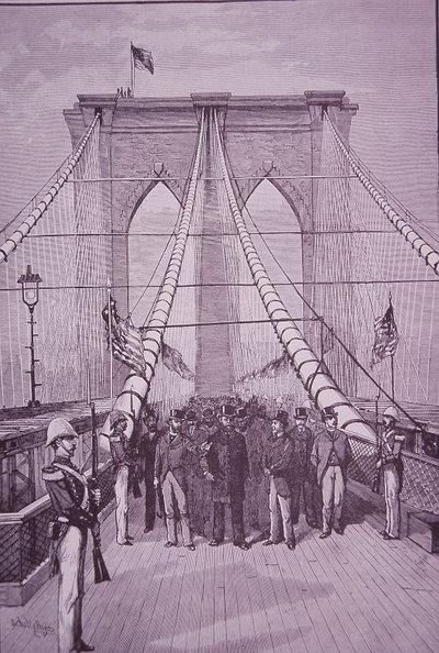 Brooklyn Bridge, præsident Arthur ved åbningsceremonien, 24. maj 1883 (gravering) af American School