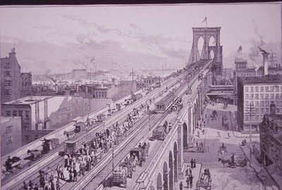 Brooklyn Bridge lige efter åbningsceremonien, offentliggjort 26. maj 1883 (gravering) af American School