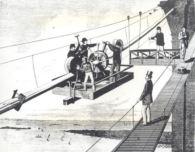 Brooklyn Bridge under opførelse i 1876, fletning af ophængskablerne (gravering) af American School