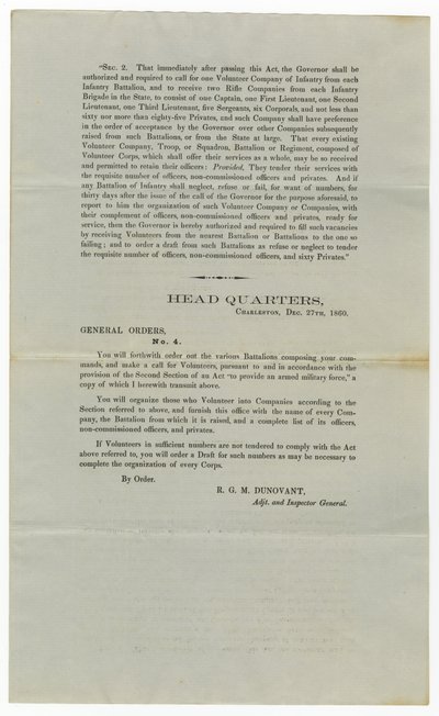Indkaldelse til frivillige under General Order No.4, 27. december 1860 af American School