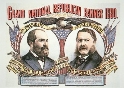 Kampagneplakat for præsidentkandidat James A. Garfield (1831-81) og vicekammerat, Chester A. Arthur (1829-86) 1880 (farve litho) af American School