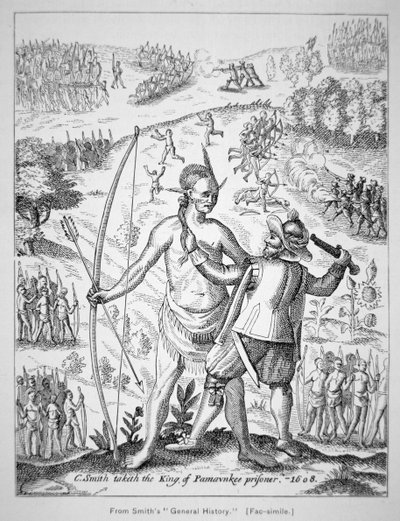 Kaptajn John Smith (1580-1631) fangede en indianerhøvding i 1608 fra Smiths 