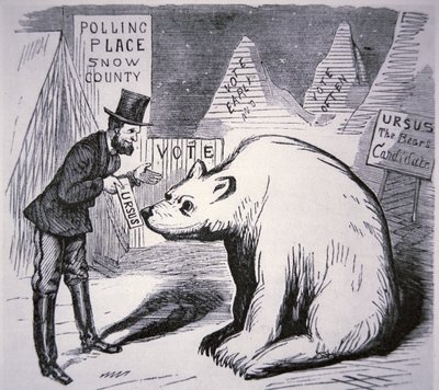 Tegneserie, der viser amerikansk politiker, der forsøger at finde vælgere i det ubeboede Alaska af American School