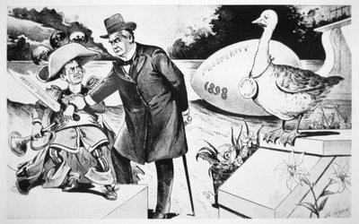 Tegneserie, der skildrer præsident Mckinley, der forsøger at dæmpe den 