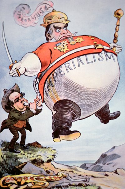 Tegneserie med William Jennings Bryan (1860-1925), der sprænger den "imperialistiske vindsæk" William Mckinley (1843-1901) fra "Puck" i luften. af American School