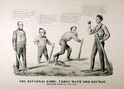 Tegneserie, der viser Abraham Lincoln (1809-65) vinde bolden mod sine modstandere Douglas, Bell og Breckenridge i præsidentvalget i 1860, 1860 af American School