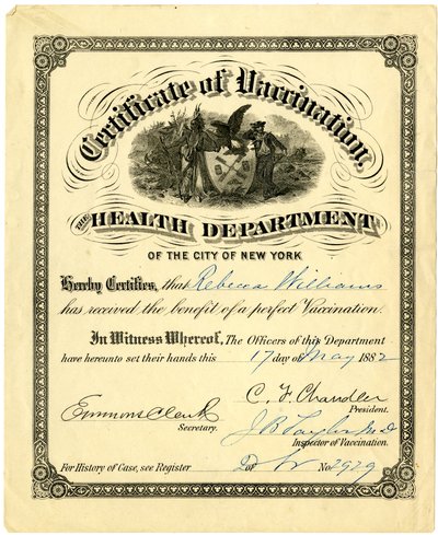 Vaccinationscertifikat, Health Department of City of New York..., 1882 (gravering [certifikat] udfyldt med blæk) af American School