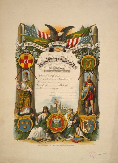 Certifikat for medlemskab i Ancient Order of Hibernians of America, ca. 1894 (farvelitografi) af American School