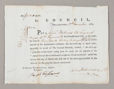 Check for tre pund og tretten shilling til Joseph Williams, 13. november 1783 af American School