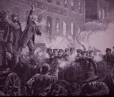 Chicago Haymarket Labor Riot i 1886, gravering offentliggjort i Harper